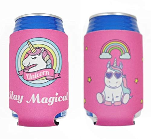 Tainada Neoprene Beer Beverage Drink Can Bottle Coolie Cooler Insulators Sleeve Cover Huggie Holder (2 pcs,Double Sided Printing) + One Absorbent Coaster (Unicorn Pink)