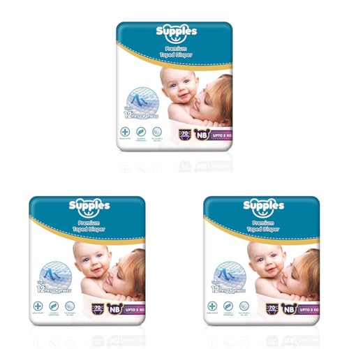 Image of Amazon Brand - Supples Premium Newborn Taped Diapers | Derma Tested, Extra Soft, High Absorbency with Wetness Indicator & Umbilical Cut Design, 12 Hrs Absorption | NB /XS | Up to 5 kg | 70 Count