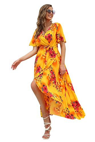 Image of VintageClothing Women's Wrap V Neck Floral Summer Dresses High Low Maxi Casual