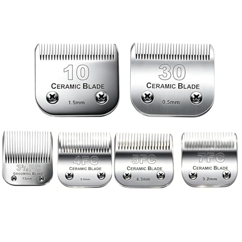 6Pack 10Blades Dog Grooming Replacement Blades Compatible with Andis Pet Clipper/Oster A5/Wahl KM Series Dog Clipper,Ceramic Blade & Stainless Steel Blade (#10+30+5FC+7FC+3FC+4F)