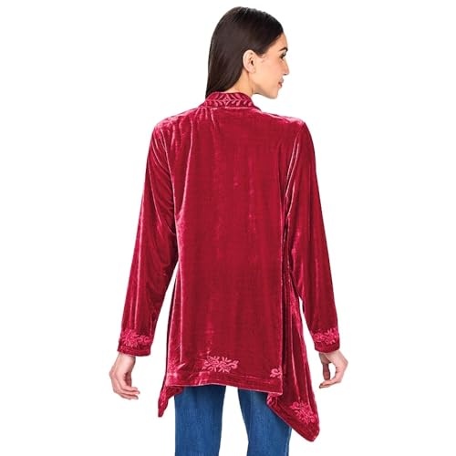 Image of Women's Embroidered Velvet Open Front Cardigan Jacket - Raspberry 3X