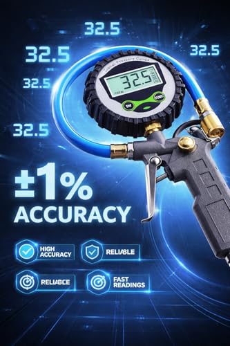 Image of Digital Tire Pressure Gauge Inflator Gun with LCD Display, Heavy Duty Air Compressor Tool with Brass Nozzle & Flexible Hose, Accurate PSI Meter for Car, Bike, Motorcycle & Bicycle Tires