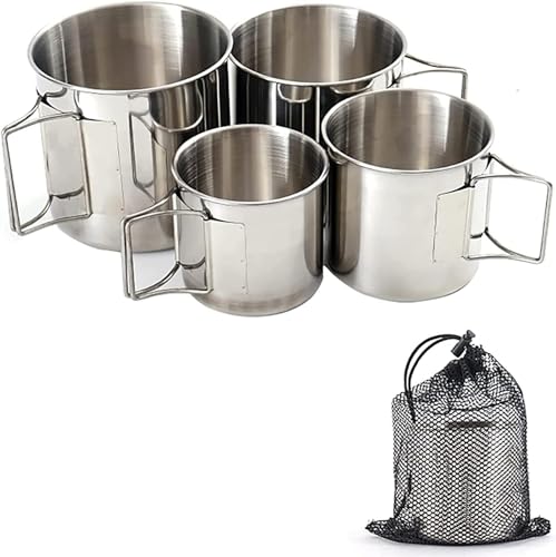 Image of Camping Cup,4pc Stainless Steel Camping Campfire Mug with Handle, Portable Cups with Folding Handle & Mesh Bag for Touring Trips Outdoor Camping Campfire (4pc)