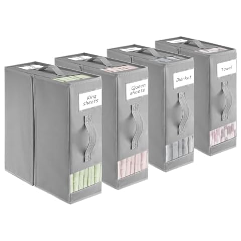 YORKING Bed sheet organizers, 4 packs foldable bedding storage set, Linen Closet storage with Reinforced Handles, Clear Windows for Bedding Sheets, Duvet Covers, Blankets & Pillow Cases for Wardrobe Cover