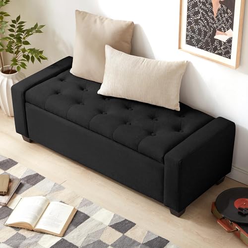Image of Huatean Home 48 inch Ottoman with Storage, Black Storage Ottoman Bench with Safety Hinge, Upholstered Entryway Bench with Seating for Bedroom, Living Room, Holds up to 330 lb