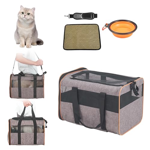 Happybuy Cat Carrier with Wheels, Airline Approved Rolling Pet Carrier with Telescopic Handle and Shoulder Strap, Holds Pets up to 22 lbs, Includes Folding Bowl, Grey