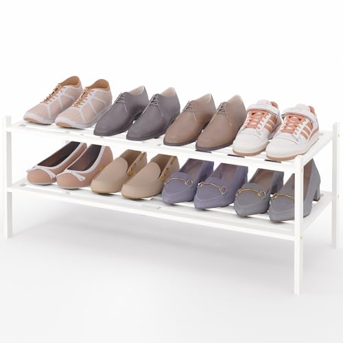 Image of Smiry Bamboo Shoe Rack, 5 Horizontal Slats, 2 Tier - 33.9 inch Wide, White