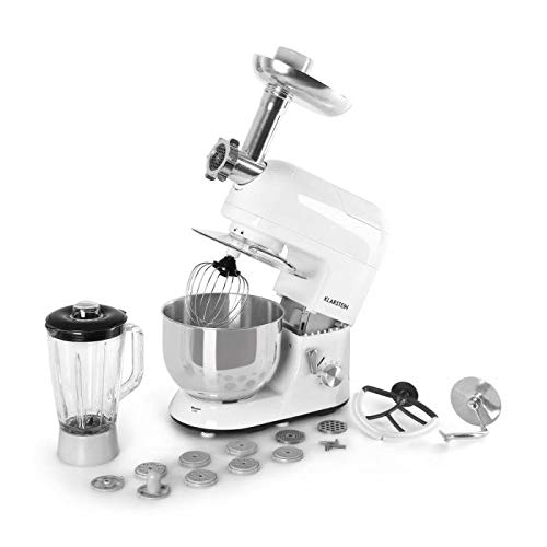 KLARSTEIN Lucia Bianca • Multifunction Stand Mixer • Kitchen Machine • 1300 Watts • 5.3 qt Bowl • 1.3 qt Mixing Glass • Meat Grinder • Pasta Maker • Blender • Adjustable Speed • White