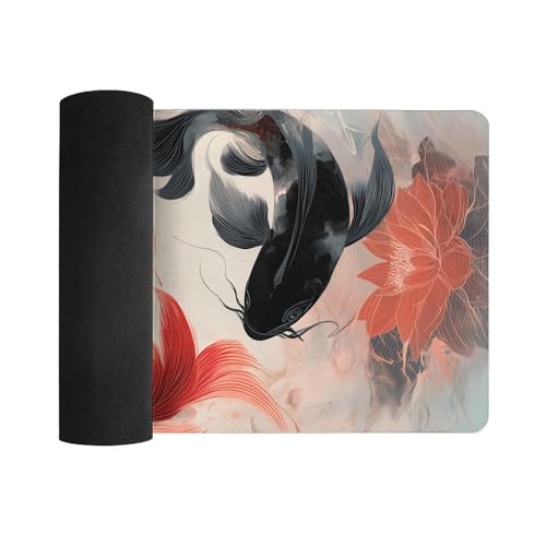 Image of Koi and Lotus Ethnic Extended Gaming Mouse Pad, with Stitched Edges Large Mouse Pad Desk Protector, Rubber Base Mousepad Keyboard Mouses Mat for Work Game Office Home- 32 inch X 16 inch Inch
