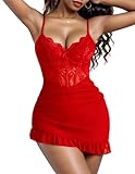 Avidlove Sexy Nightgown Women Lingerie Ruffle Hem Hip Babydoll Dress Lace Bra with Underwire Red