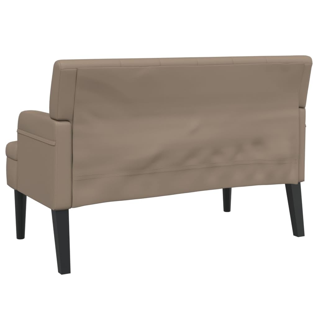 Banco con respaldo y reposabrazos, capuchino, 112 x 65,5 x 75 cm, piel sintética, asiento acolchado grueso, patas de madera de caucho maciza, estructura de madera contrachapada estable, hasta
