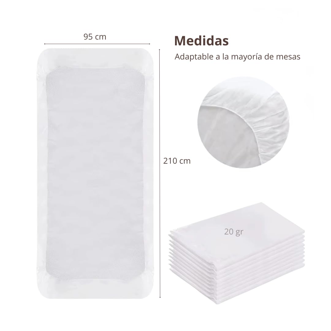 Sábanas Camilla Desechables Ajustable 95 x 210 cm Caja de 100 Unidades - Funda Camilla Masaje Blanca Polipropileno - Centros Sanitarios, Estética, Estudio Tatuajes