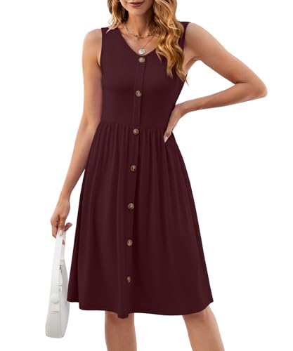 Image of KUOTAI Womens Summer Dresses Sleeveless Casual Loose Swing Button Down Midi Dress V-Neck Flowy A-Line Sundress