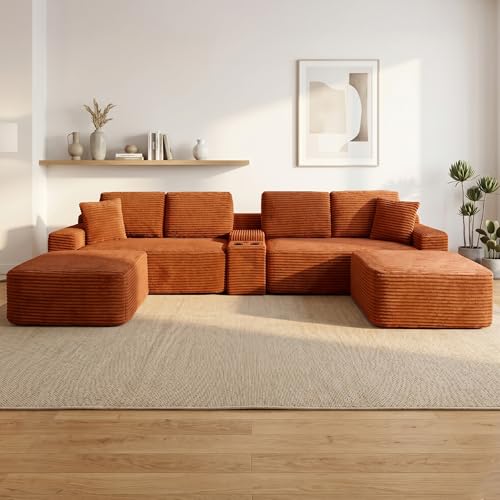 125 Oversized Sectional Couches for Living Room Modern Boneless Cloud Couch with Ottoman USB Port&Cup Holders Comfy Corduroy Modular Sectional U Shape Sofa Couch for Apartment Orange Couch in a Box