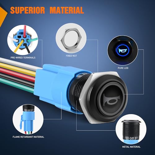Image of Nilight 16mm 12V Momentary Horn Push Button Switch Blue LED Harness Kit | SPDT 1NO1NC metal switch with detachable tail plug socket, blue ring light, and 5A rating