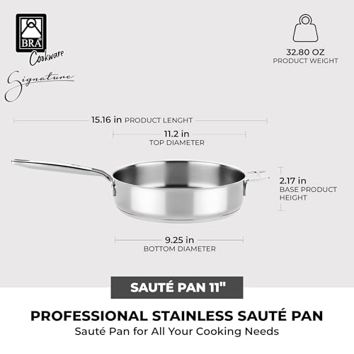 BRA COOKWARE Signature Sauté Pan w/Glass Lid | 11 inches - 4 quarts Professional Low Casserole | Stainless Steel Sauté Pan | All Stovetop Compatible - Full Induction | PFOA Free | Polished Finish by BRA - Image 2
