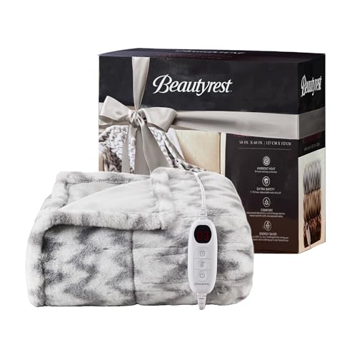 Beautyrest Long Brushed Faux Fur Chevron Pattern Electric Blanket, Auto
