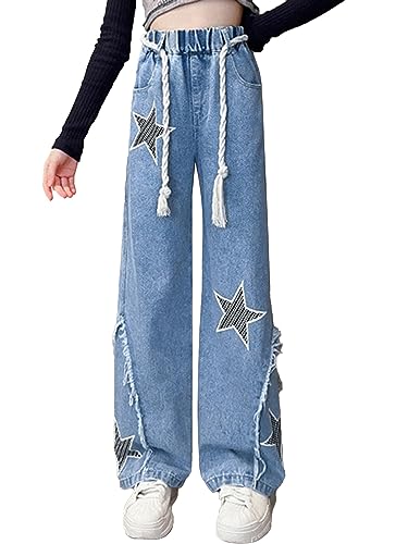Kids Girls Retro Jeans Star Printed Denim Pants Straight Wide Leg Jeans Casual Washed Distressed Denim Trousers
