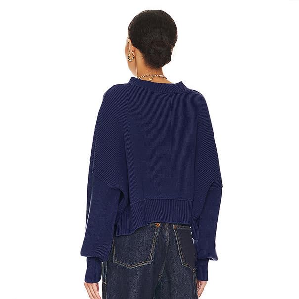 Women's Crewneck Cropped Sweater Fall Ribbed Knit Pullover Jumper Tops (Navy Blue,Medium)3