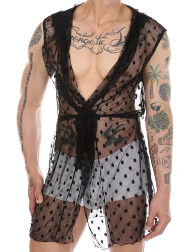 ABAFIP Men's Sissy Nightwear Hoodie Sheer Mesh Nightgown Polka Dot Kimono Tie Front Robe Crossdress Nightdress - Main Image