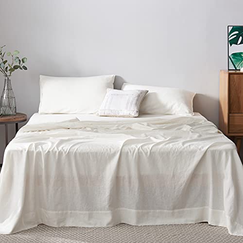 DAPU Cotton Linen Blend Sheets Set, 55% French Linen 45% Long-Staple Cotton, Breathable and Durable, 4 Pcs Set - 1 Flat Sheet, 1 Fitted Sheet, 2 Pillowcases (Off-White/Cotton Linen, King)