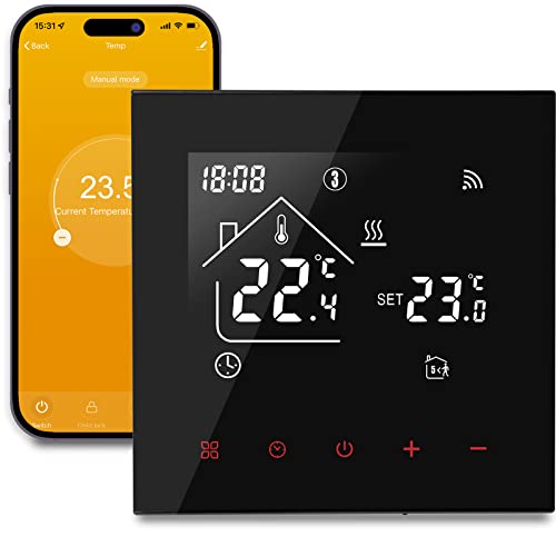 Beok TDR89B-WIFI-WPB Slimme wifi-thermostaat voor ketelverwarming, programmeerkamerthermostaat met Tuya APP & Smart Life, digitale LCD-temperatuurregelaar met touchscreen, zwarte