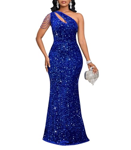 Cololura Women Sequin Elegant Sexy One Shoulder Tassel Oblique Collar Mermaid Bodycon Cocktail Evening Dress Blue