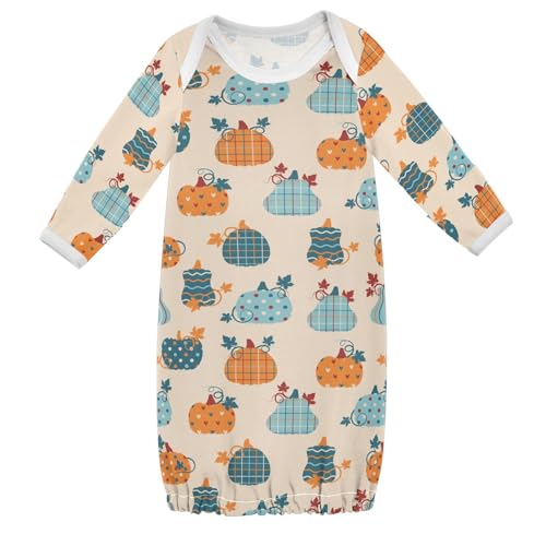 WIFIU Pumpkins Autumn Leaves Baby Girls Boys Sleeper Gown Cotton Nightgown Long Sleeve, Patchwork Baby Nightdress Sleeping Clothes for Newborn 6-12 Months Multicolor