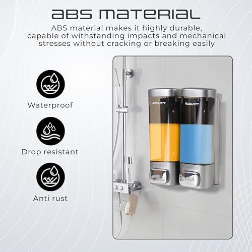 Image of Robustt Wall Mount Dual Soap Dispenser 2 x 200 ML - Chrome (with Adhesive Hooks) | Gel Conditioner Shampoo Body Wash Dispenser - Ideal Design for Bathroom, Kitchen, Hotels, Malls (Pack of 1)