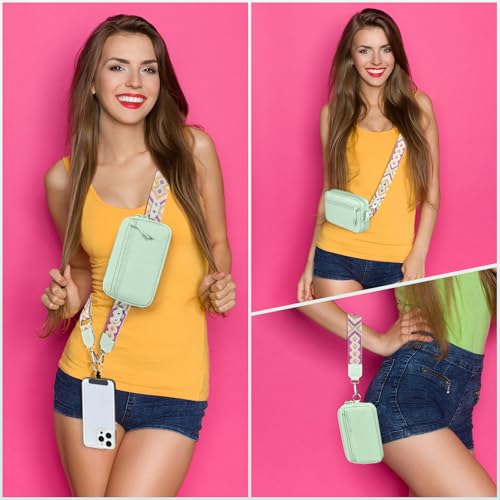 Image of YFWE Clip and Go Strap for Phone with Wallet Crossbody, Adjustable Phone Lanyard with Detachable RFID Wristlet Wallet, Pattern Strap - Green (L)