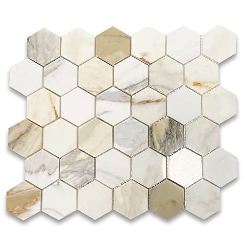 Tenedos Calacatta Gold Marble 2 inch Hexagon Mosaic Tile Polished