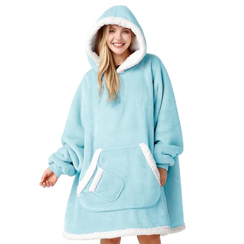 Image of Giggling Getup Wearable Blanket Hoodie for Women Men Gifts for Women Mom Wife Sherpa Fleece Hooded Blanket Sweatshirt Warm Cozy Sherpa Wearable Throw with Pocket & Sleeves for Adult Standard Sky Blue