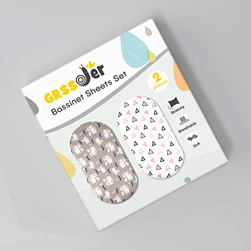 Grssder Stretchy Ultra Soft Fitted Bassinet Sheet Set 2 Pack, Universal Fit For Bassinets Baby Cradle Moses Basket Oval Rectangle Pad/Mattress, Dream Unicorn Bassinet Sheets For Babys And Girls #TOP1