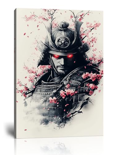Japanese Samurai Art Armored Pictures Print Japan Bushido Paintings Cherry Blossom Artworks for Living Room Bedroom Budokan Decor Framed(28"L x 44"W)