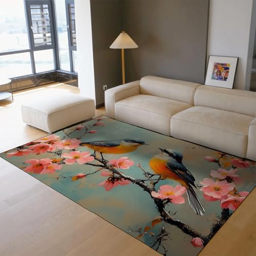 Tapis cerisier oiseau en impression 3D douce lavable 150x210cm - 3
