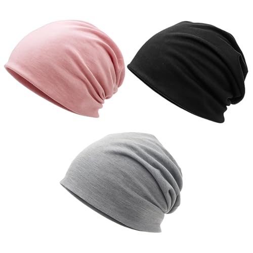 RQcMid 3 Stück Beanie Damen Dünne Baumwollmützen Atmungsaktive Chemo Kopfbedeckung Damen Dünne Baumwolle Schlafmütze Weiche Mütze Für Yoga Schlaf Und Alltag Schwarz Grau Pink