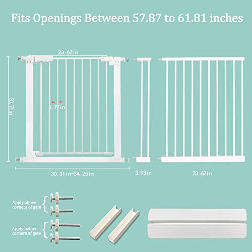 Waowao Narrow Doorway Baby Gate Auto Close Easy Walk Through Pressure Mount White Metal Child Dog Pet Safety Gates Stairs,Doorways,Kitchen And Living Room 24.02-81.50 In (White, 57.87"-61.81") #TOP6
