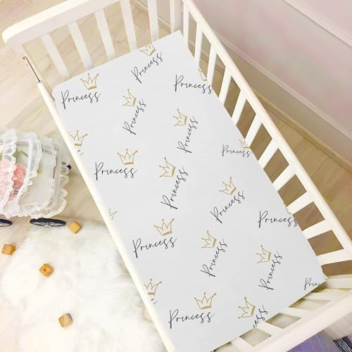 Image of Crib Sheets for Boys Girl Princess Crown Text Breathable Mini Crib Mattress Sheets Fitted,Toddler Baby Sheets for Crib Mattress 39 * 27 * 5In
