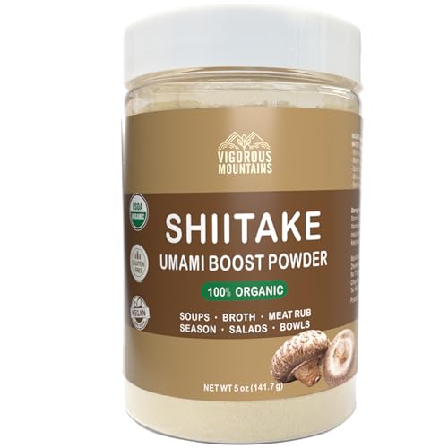 VIGOROUS MOUNTAINS Shiitake Mushroom Powder Organic, 100% Natural Umami Seasoning 5 oz, Stronger Mushroom Powder for Cooking No Salt No MSG,