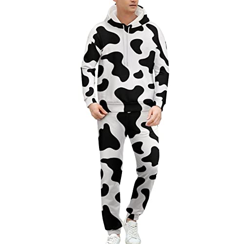 SEPTYK Cowhide Milk Cow Print Hoodie And Sweatpants Set Pullover Tracksuit Drawstring For Casual Unisex2