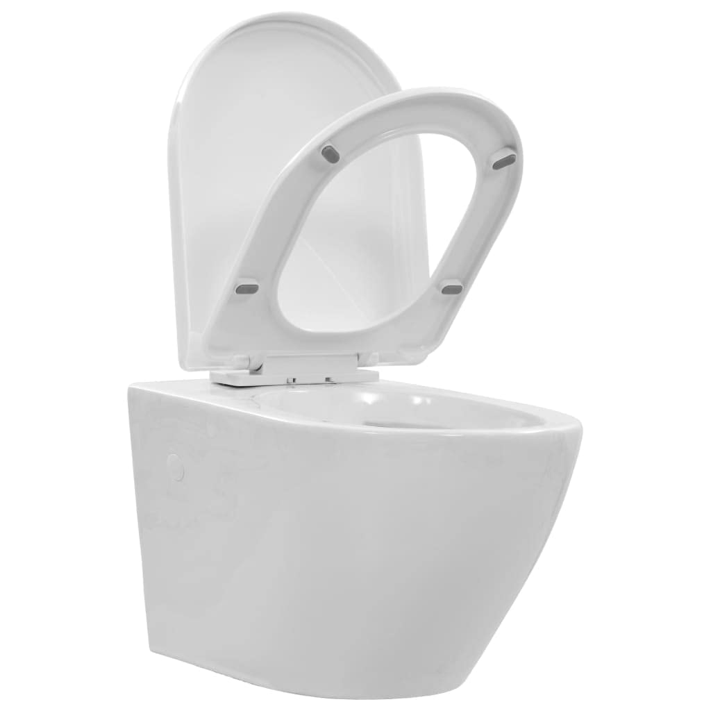 Inodoro de pared sin borde de cerámica blanca con descarga sin bordes, fijación oculta, asiento de cierre suave, dimensiones 36 x 48 x 41,5 cm, para cuarto de baño
