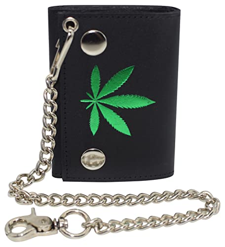 MARSHAL Marijuana Leaf Men's Tri-fold Biker Cowhide Leather RFID Blocking Steel Chain Wallet Snap closure (Marijuana Leaf)3