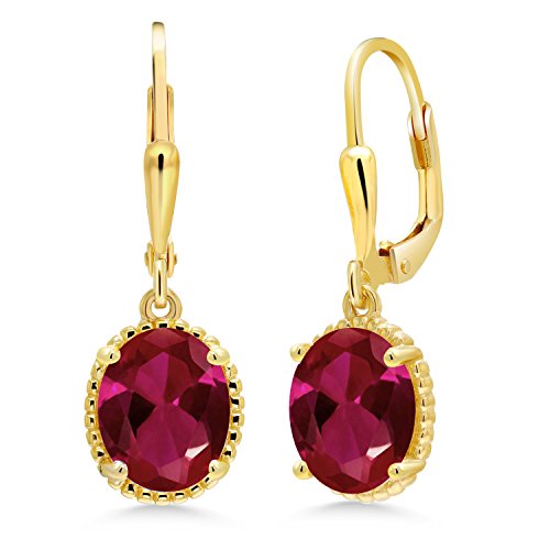 Gem Stone King 4.00 Ct Oval Red Created Ruby 18K Yellow Gold Plated Silver 27mm Length Dangle Earrings