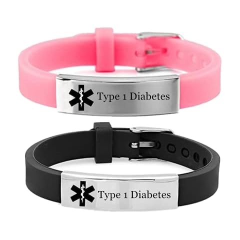 ForeverWill 2 Pack Type 1 Diabetes Bracelet for Kids Teens Adults Personalized Medical Alert Silicone Medic Diabetic Awareness ID Wristband for Girl Boy Women Men,Adjustable Cover