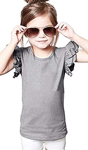 EGELEXY Toddler Baby Girl Basic Plain Ruffle Tee Little Girls Sleeve Short Cotton T Shirts Tops Tee Casual Clothes Size 4-5 Years/Tag120 (Gray)