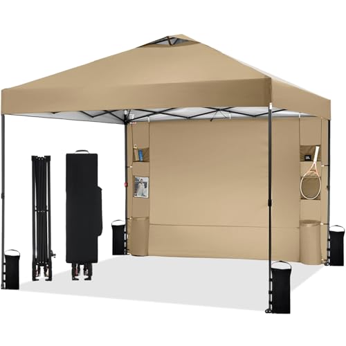 Tunbne 10'x10' Pop Up Canopy Tent with 1 Sidewall and 6 Pockets, One Push Setup, Instant Shade Tent with Vented Roof for Beach Patio Outdoor, Case, 8 Stakes, 4 Ropes, 4 Sandbags (Khaki, 10x10)