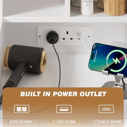 TRIUMPHKEY Dressing Table with Mirror and Lights,Vanity Desk with Drawers,Makeup Vanity with Open Shelves,Jewelry Hooks and Power Outlet for Bedroom,Modern (White) - Cosy Home Interiors TRIUMPHKEY Dressing Table with Mirror and Lights,Vanity Desk with Drawers,Makeup Vanity with Open Shelves,Jewelry Hooks and Power Outlet for Bedroom,Modern (White) - Image 6