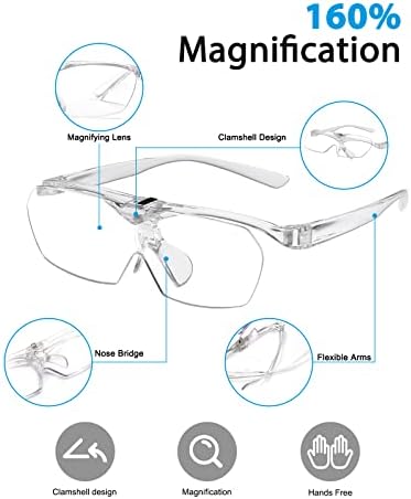 OKH 160% Magnifying Glasses, Hands Free Magnification Eyeglasses, Flip-Up Lens, Bright Sight Magnifier Glasses for Close Work, Craft, Jewellers, Reading, Painting, Hobby (Clear)