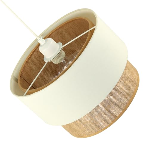 Modern Designer Double Tier Cream Fabric Linen and Natural Rattan Pendant Light Shade | 22cm x 30cm | Chic Style by Happy Homewares - Image 6
