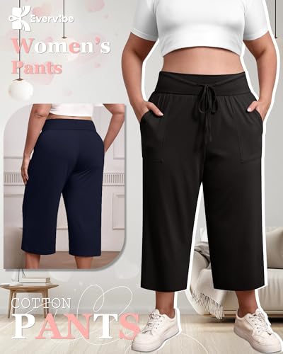 3 Pack Women's Plus Size Capri Pants, Cotton Drawstring Capris Sweatpants Casual Summer Cropped Pants with Pockets3